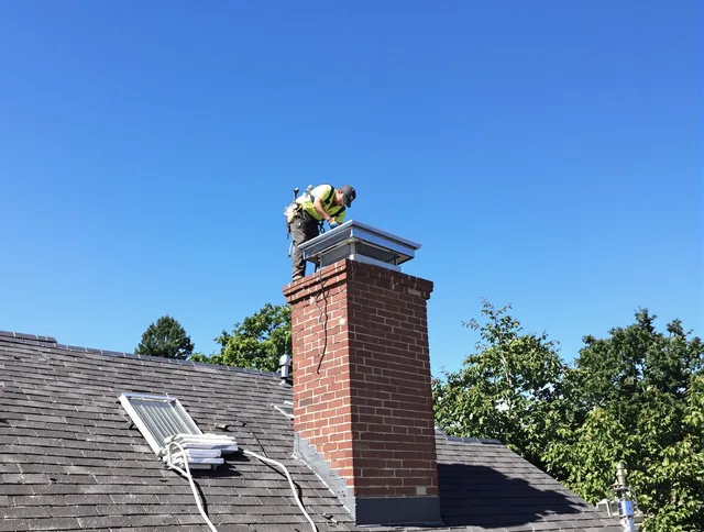 Carson Chimney Sweep technician measuring a chimney cap in Carson, CA