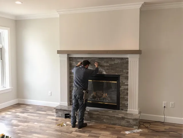 Carson Chimney Sweep finishing a custom fireplace install in Carson, CA